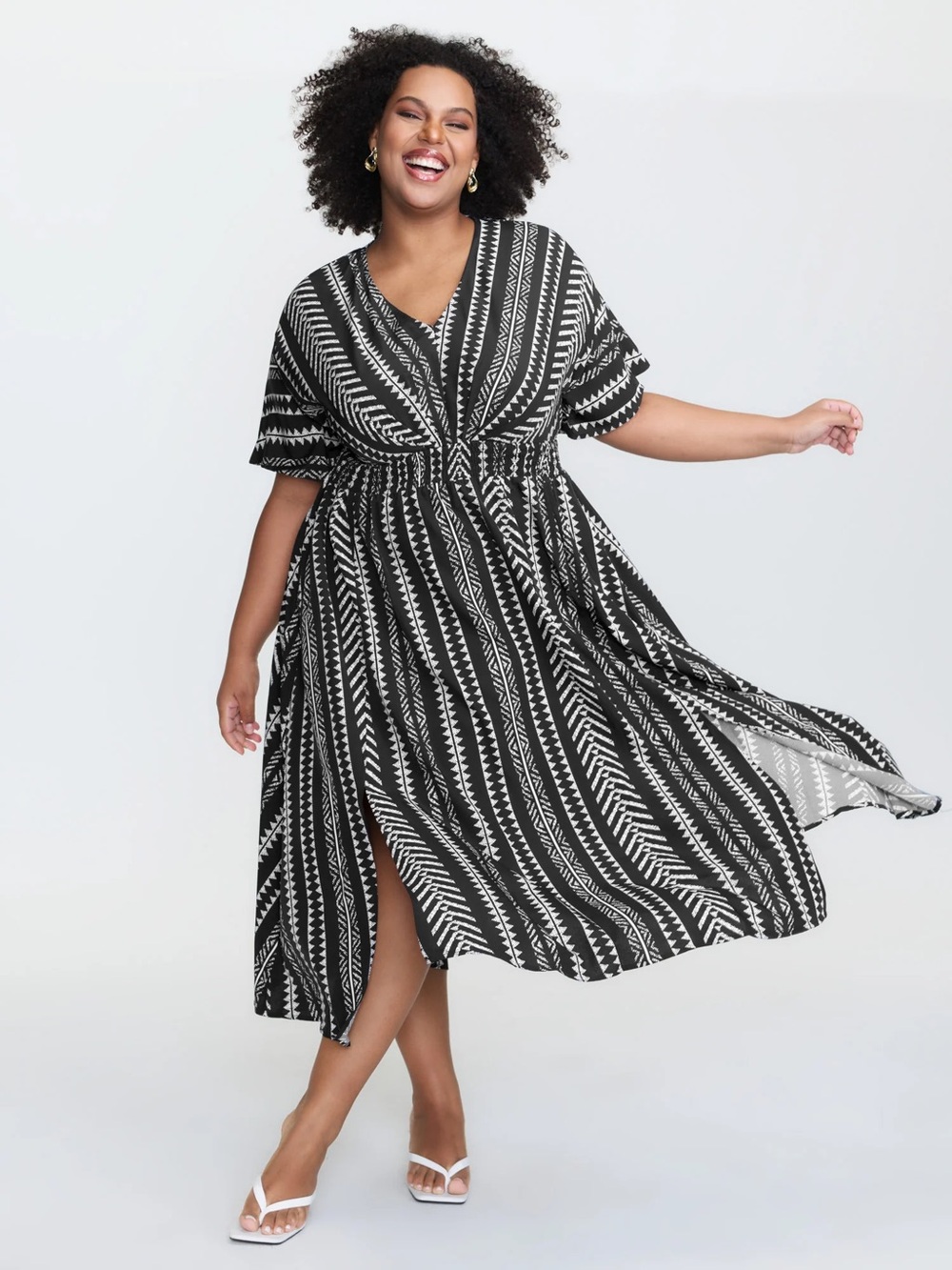 BloomChic Geometric Dolman Sleeve Pocket Shirred Split Hem Dress